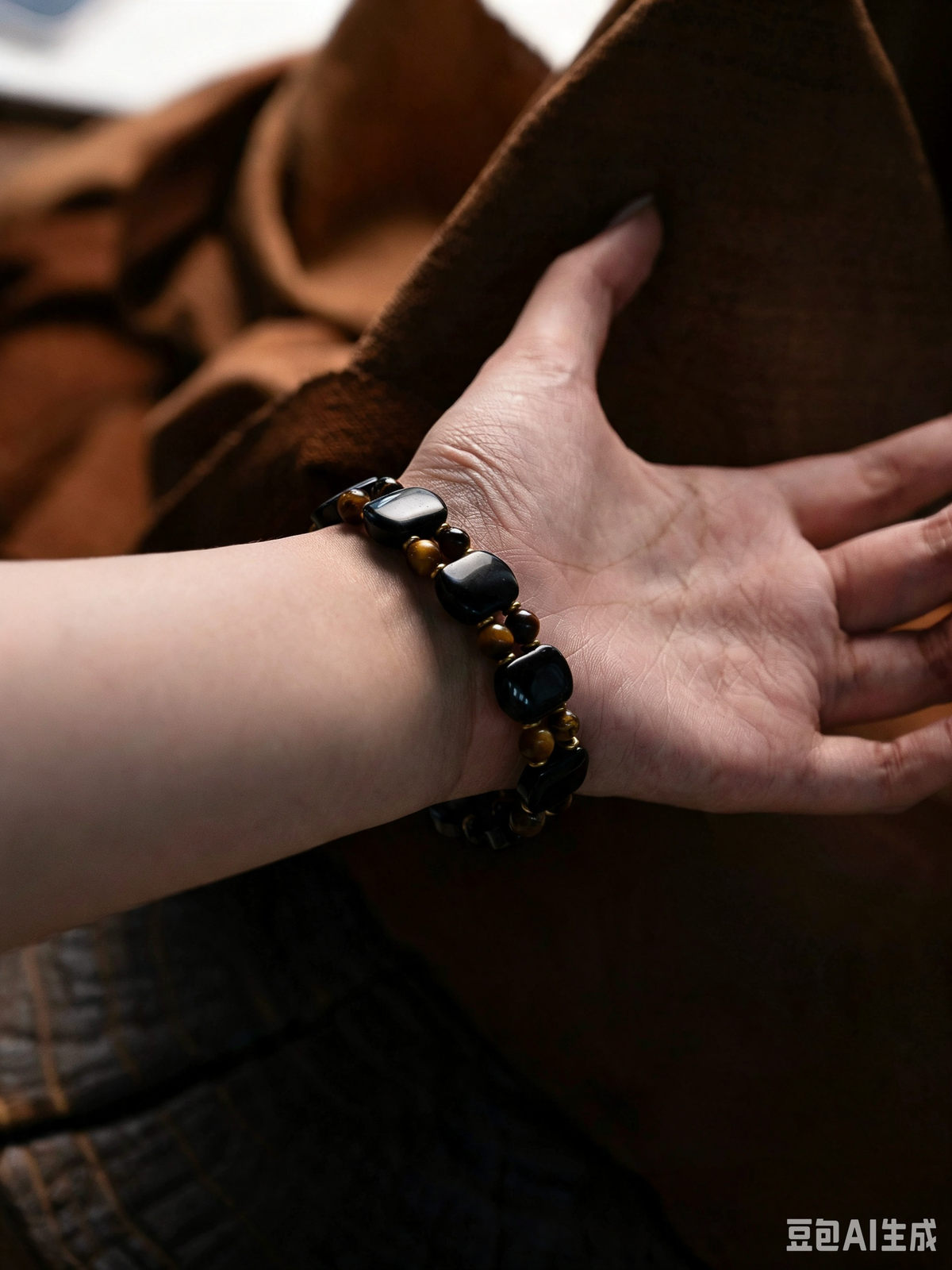 Natural Tiger's Eye & Obsidian Bracelet with Crystal