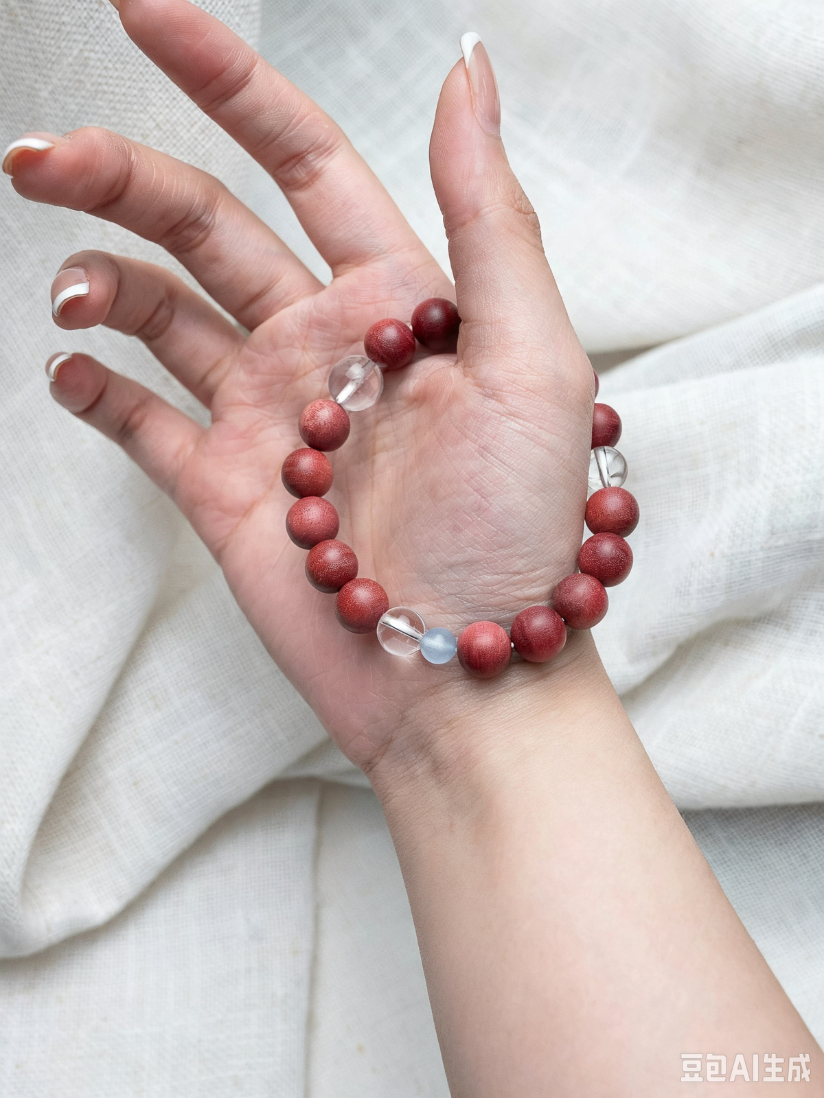 Natural White Crystal, Pink Elephant Wood & Aquamarine Bracelet
