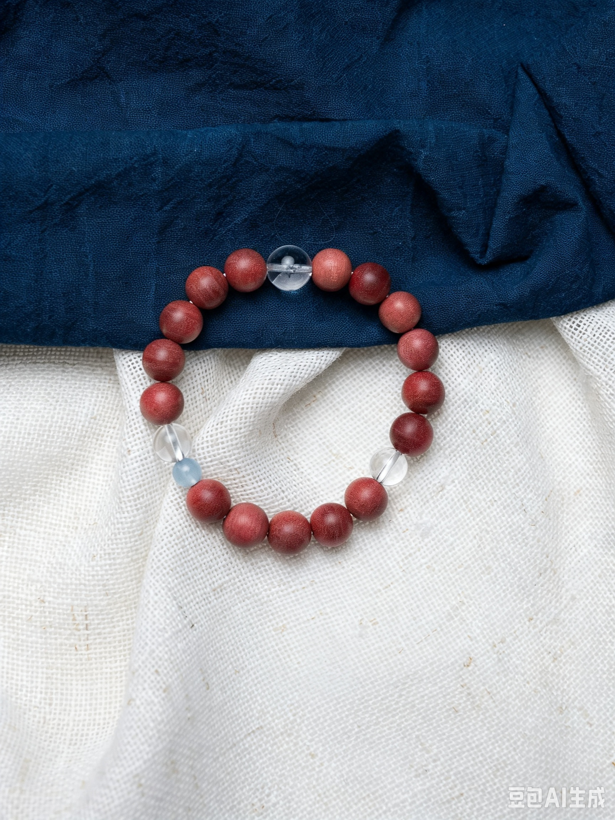 Natural White Crystal, Pink Elephant Wood & Aquamarine Bracelet