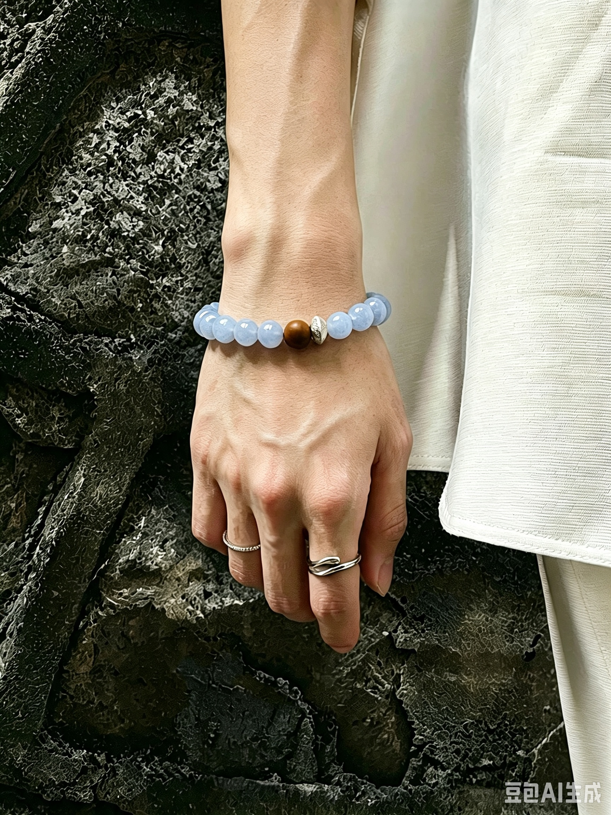 Blue Lace Agate & Mysore Sandalwood Sterling Silver Bracelet