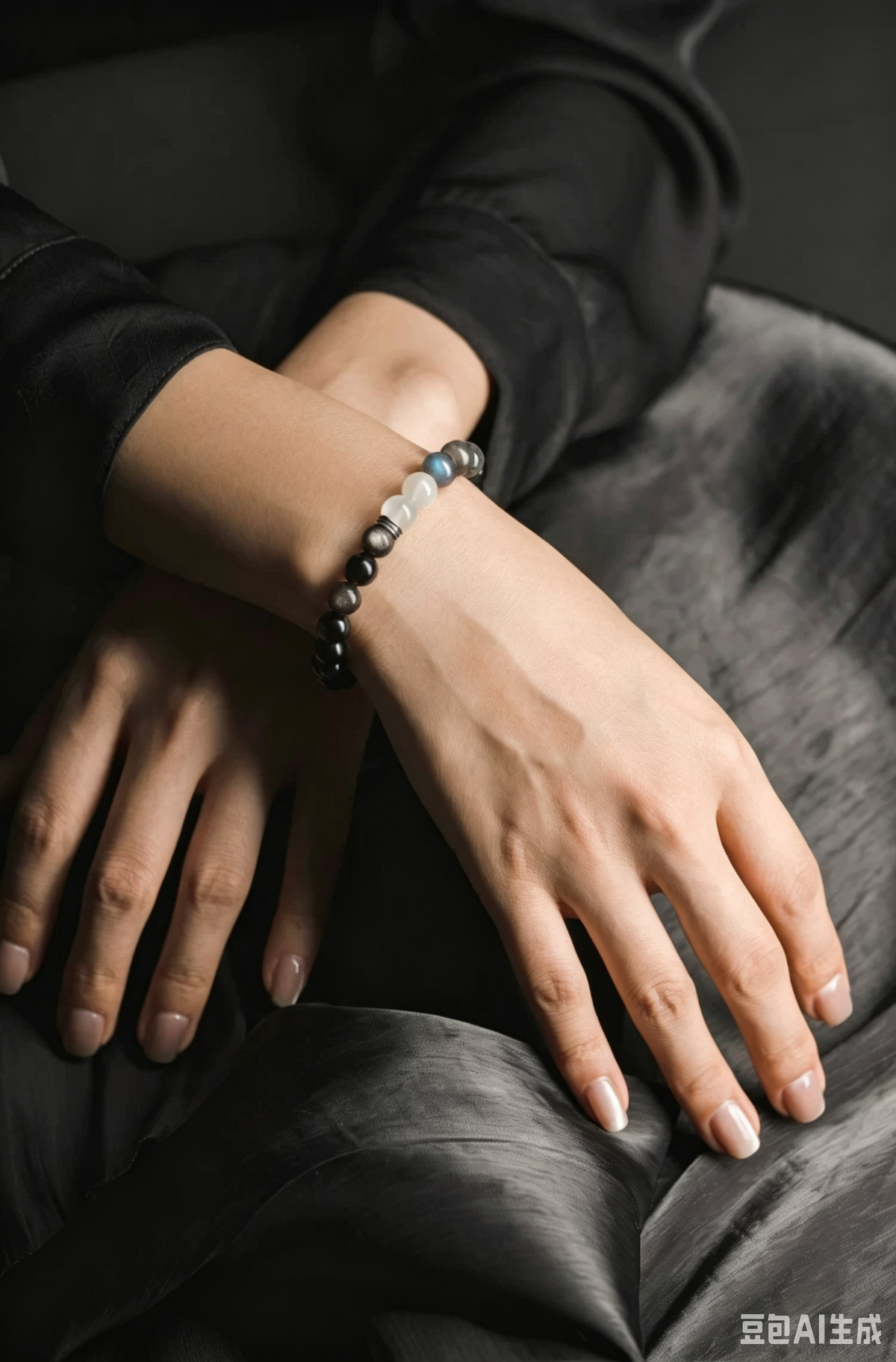 Renis Beach｜Natural White & Grey Moonstone Silver Obsidian Stretch Bracelet