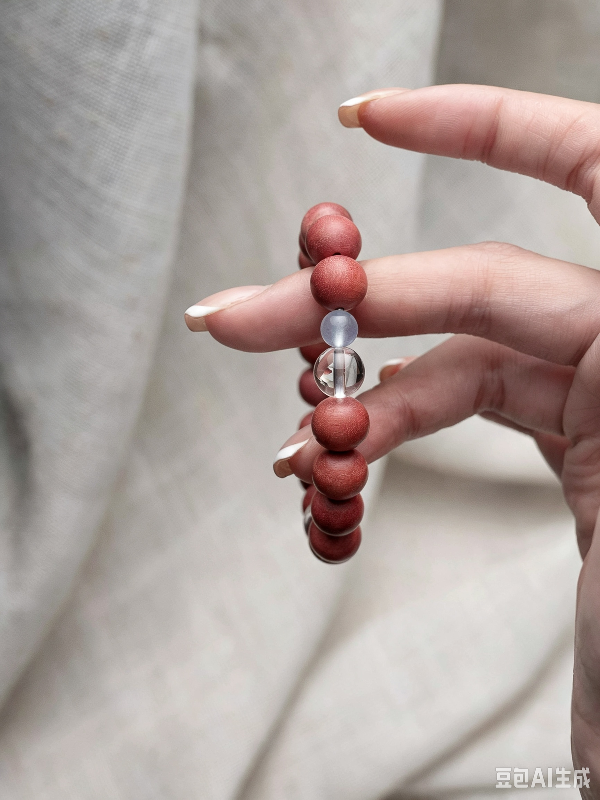 Natural White Crystal, Pink Elephant Wood & Aquamarine Bracelet