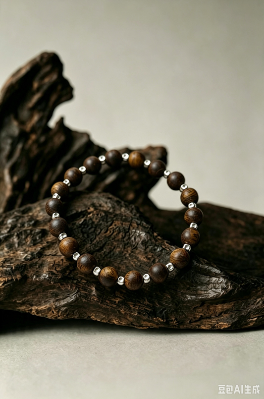 Neutral Natural Qi-Nan Agarwood S925 Sterling Silver Wood Bracelet