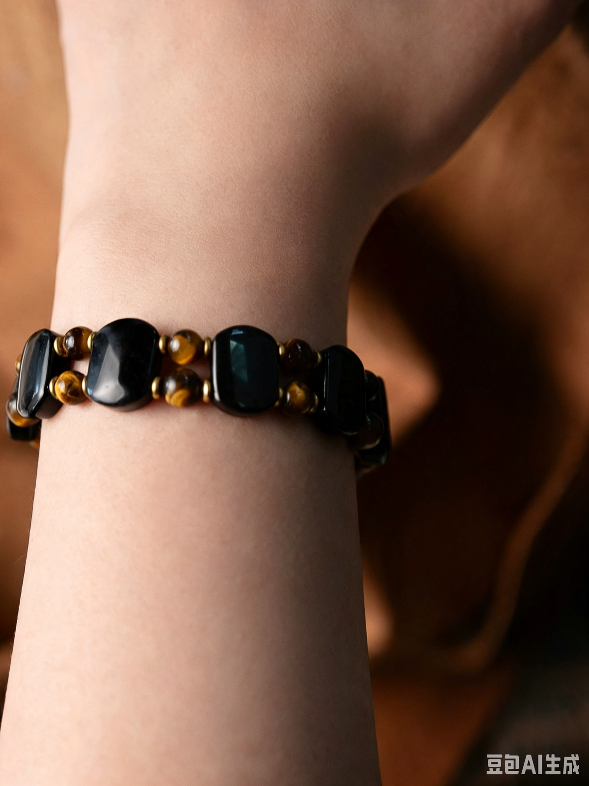 Natural Tiger's Eye & Obsidian Bracelet with Crystal
