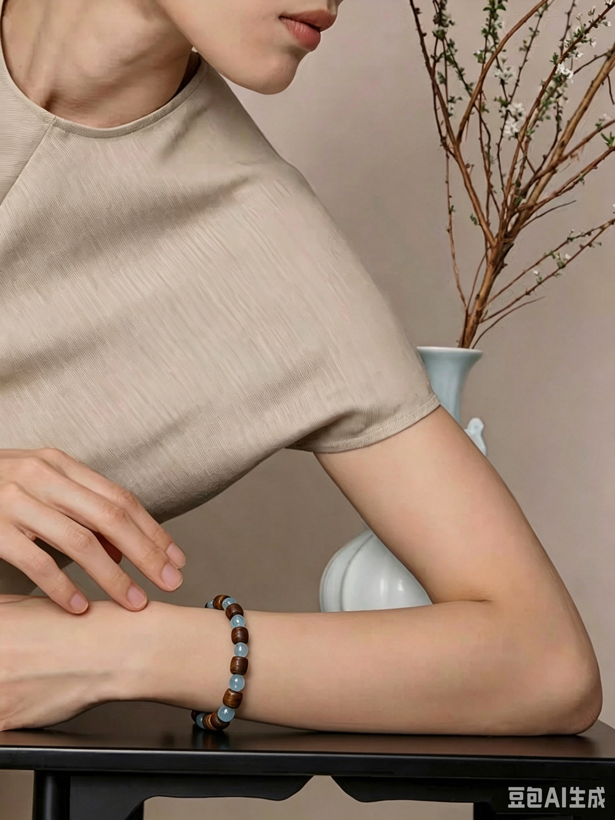 Qi-Nan Agarwood & Aquamarine Bracelet – Unisex Design
