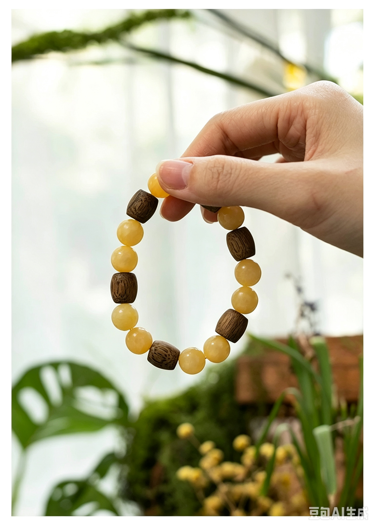 Natural Qi‑Nan Agarwood Barrel Bead Cream‑Yellow Jade Bracelet