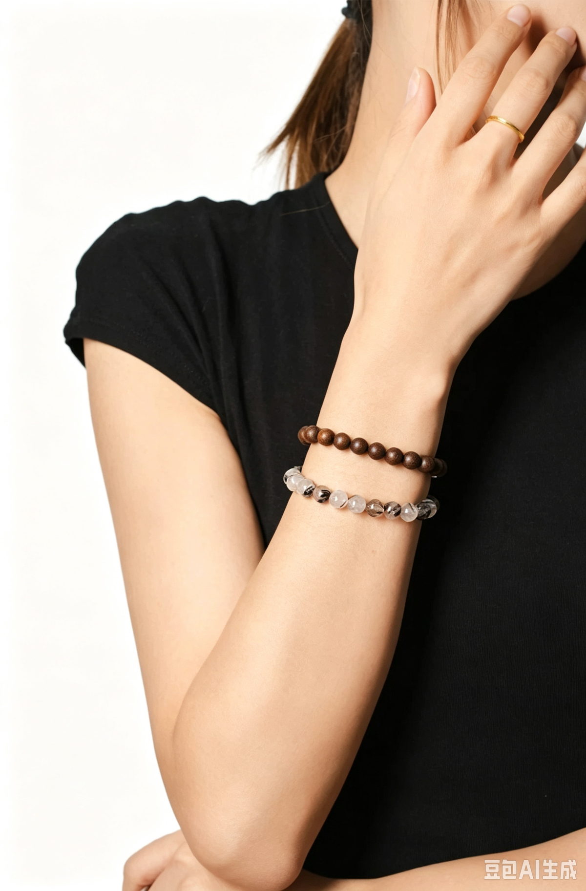 Natural Black Rutilated Quartz & Agarwood Bracelet