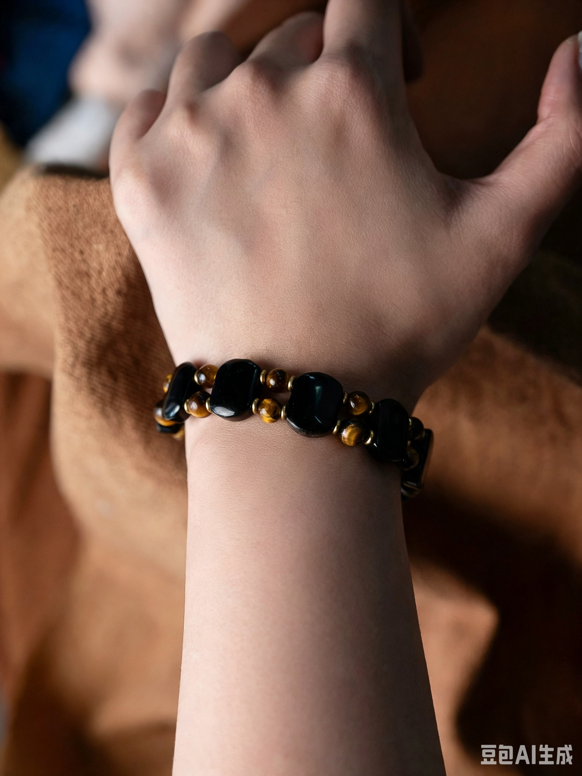 Natural Tiger's Eye & Obsidian Bracelet with Crystal