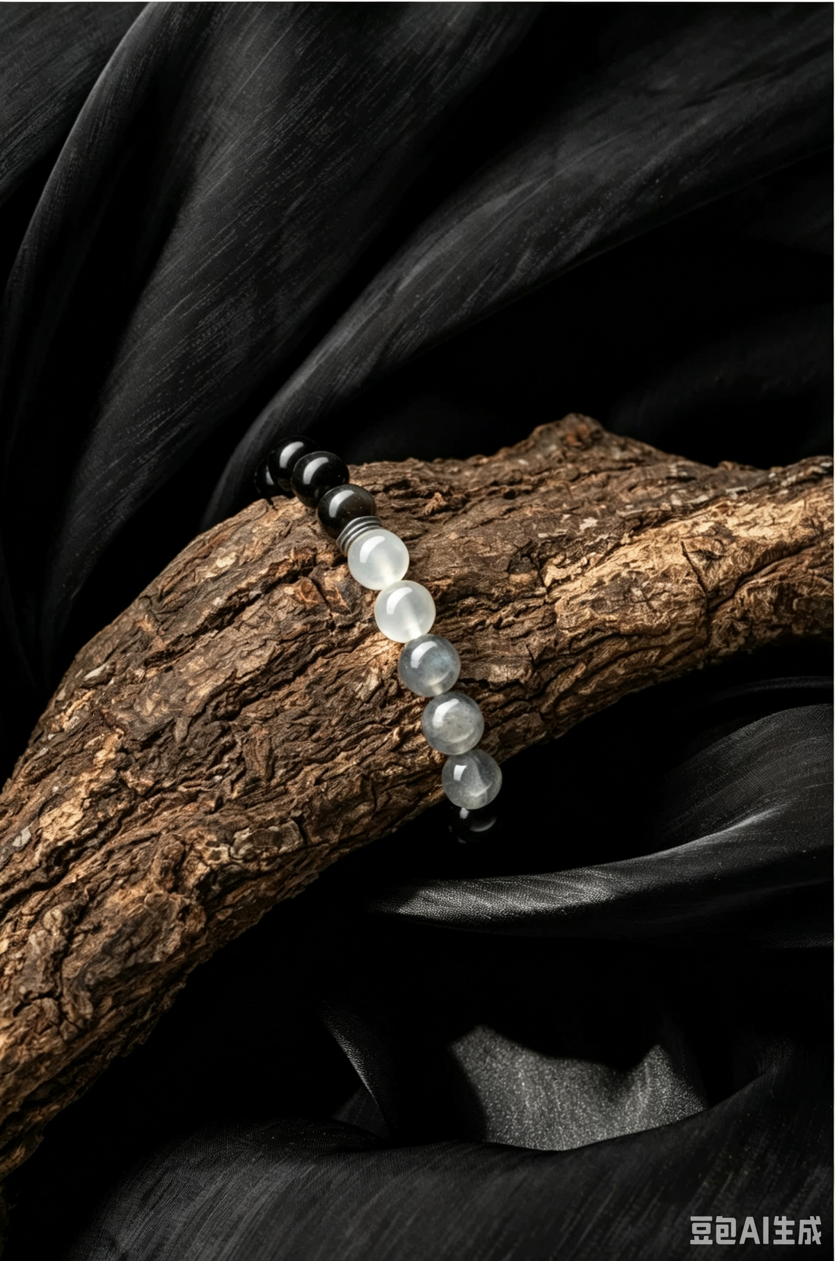 Renis Beach｜Natural White & Grey Moonstone Silver Obsidian Stretch Bracelet