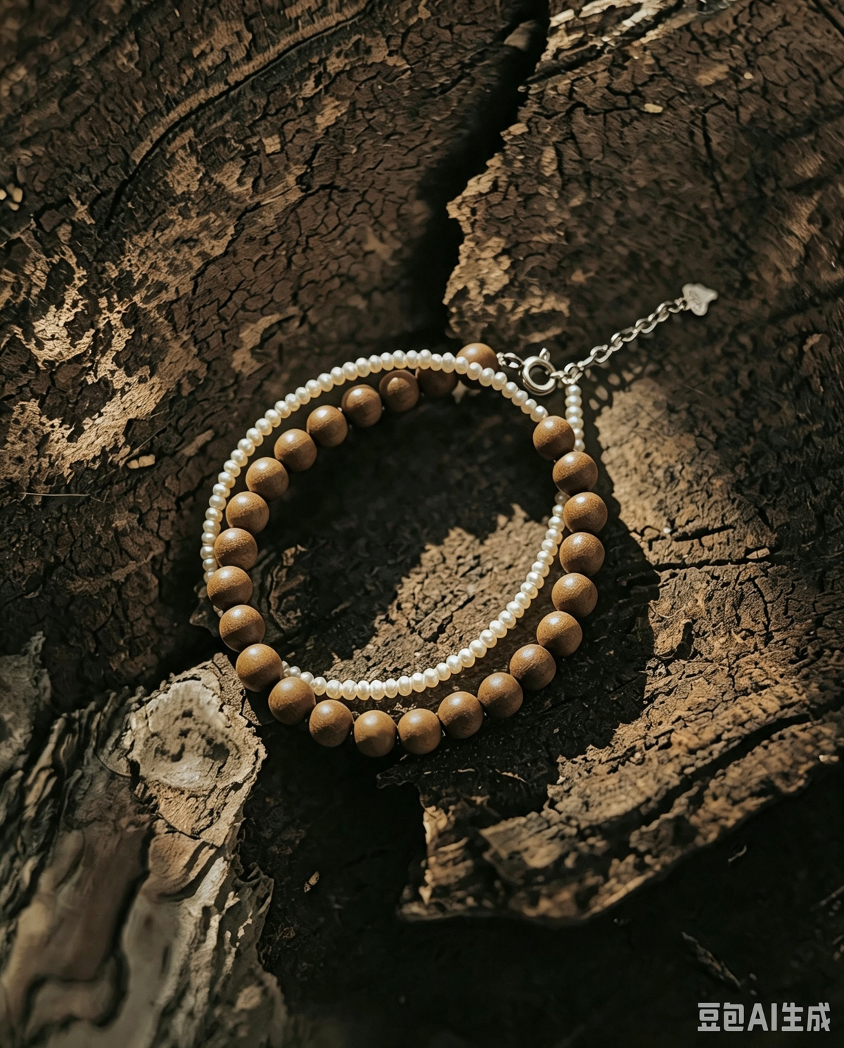 Indian Mysore Sandalwood & Freshwater Pearl Double-Strand Bracelet