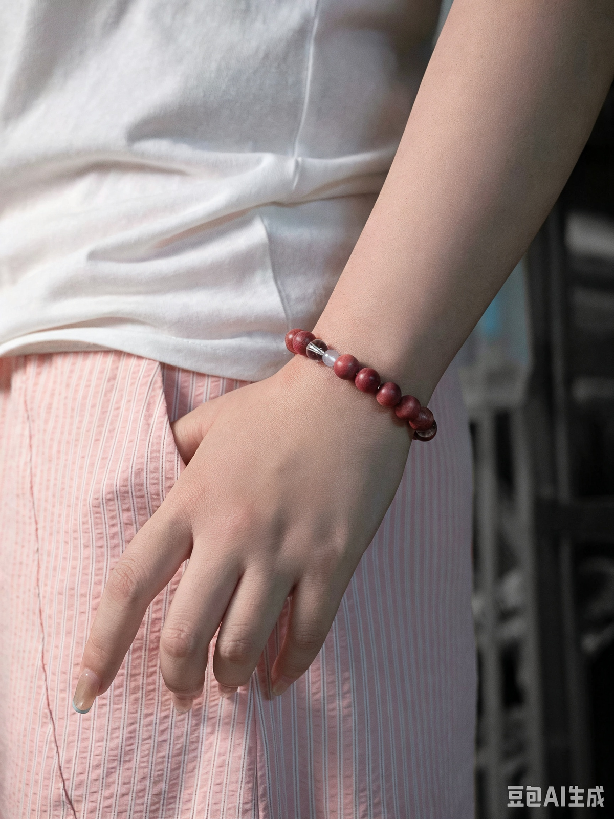 Natural White Crystal, Pink Elephant Wood & Aquamarine Bracelet