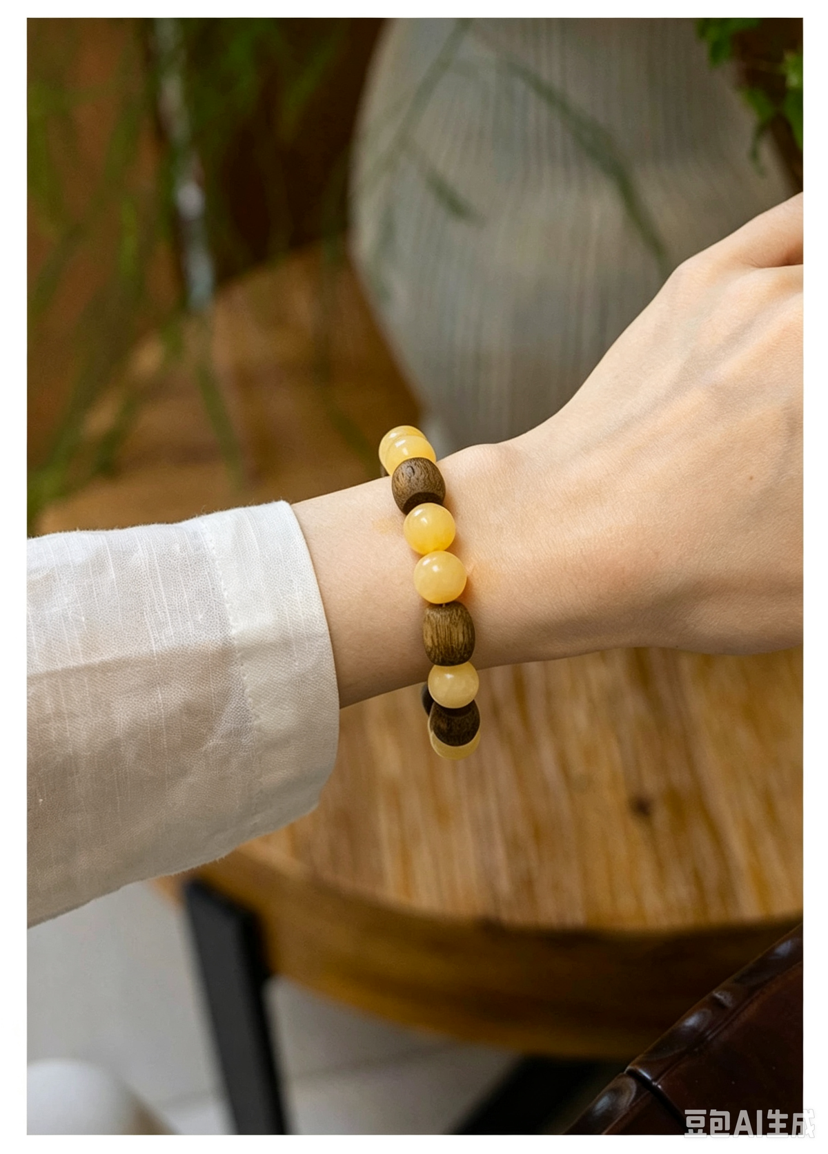 Natural Qi‑Nan Agarwood Barrel Bead Cream‑Yellow Jade Bracelet