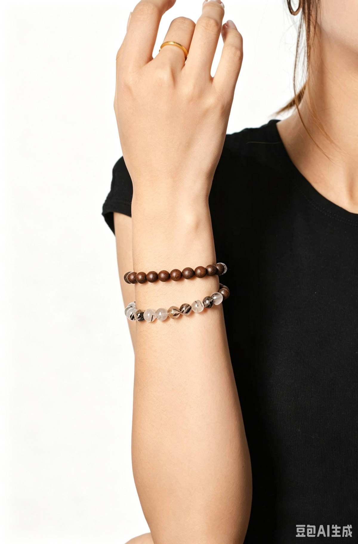 Natural Black Rutilated Quartz & Agarwood Bracelet