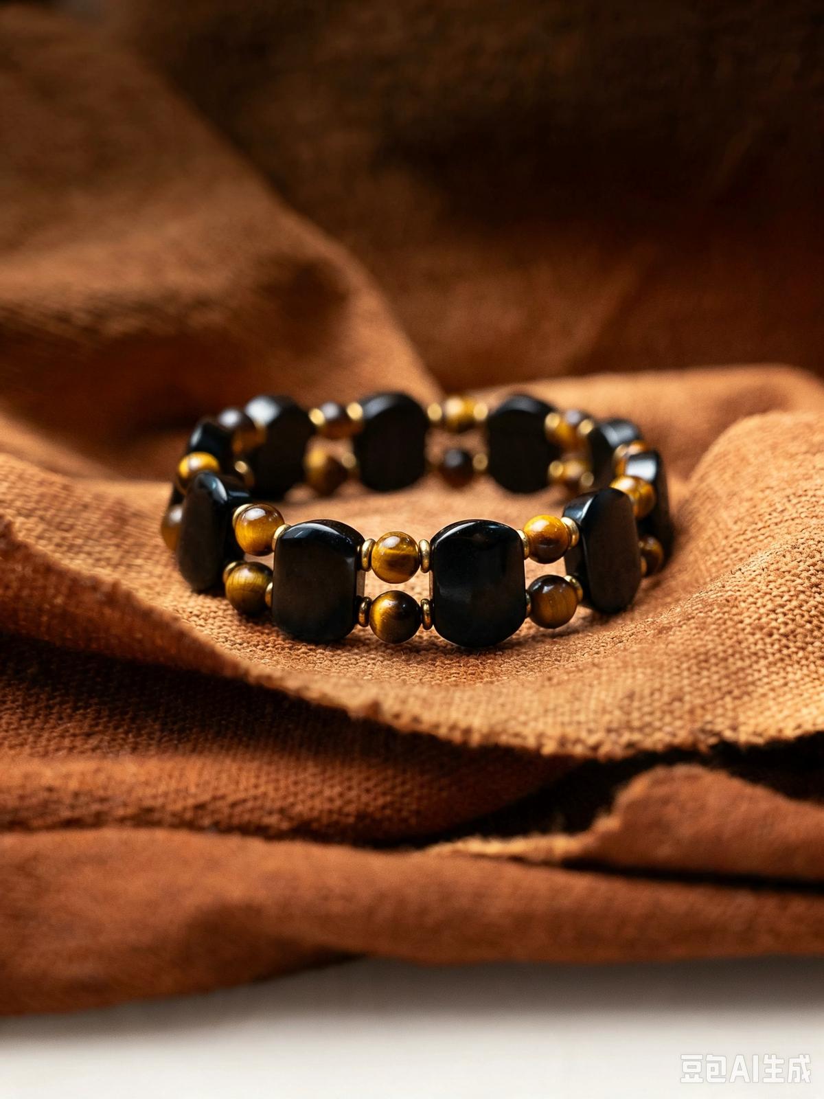 Natural Tiger's Eye & Obsidian Bracelet with Crystal