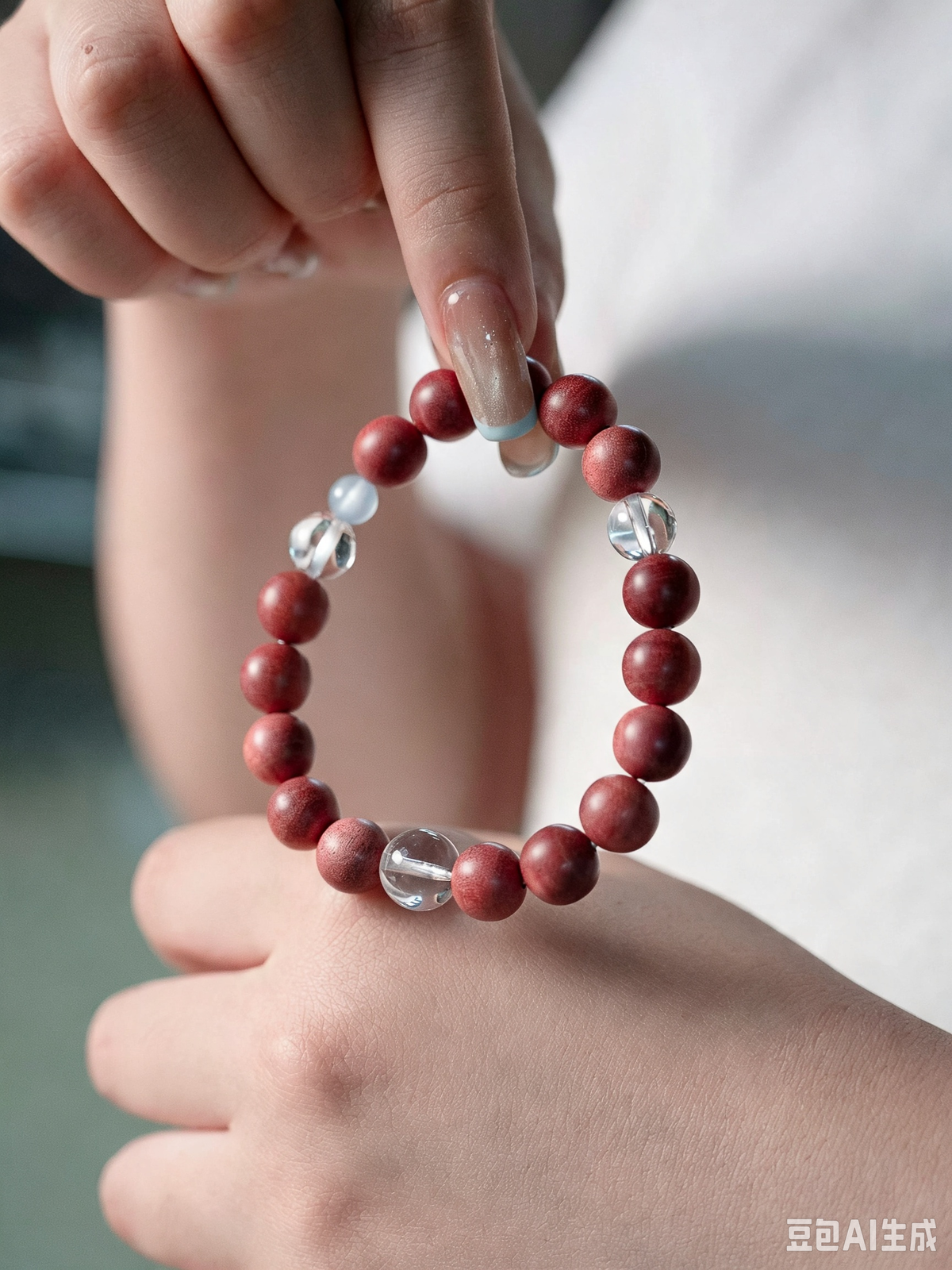 Natural White Crystal, Pink Elephant Wood & Aquamarine Bracelet