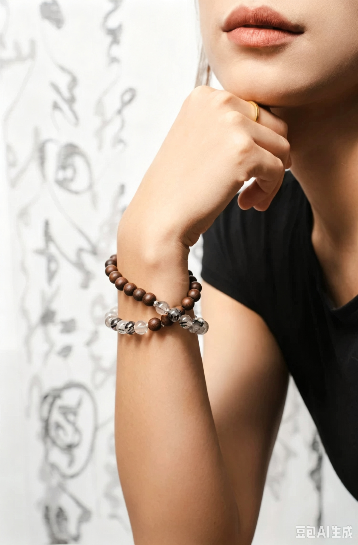 Natural Black Rutilated Quartz & Agarwood Bracelet