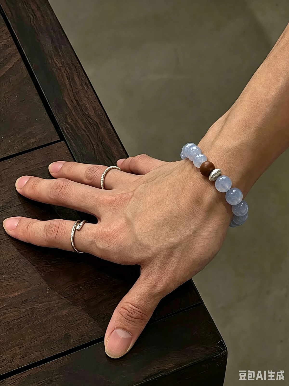 Blue Lace Agate & Mysore Sandalwood Sterling Silver Bracelet