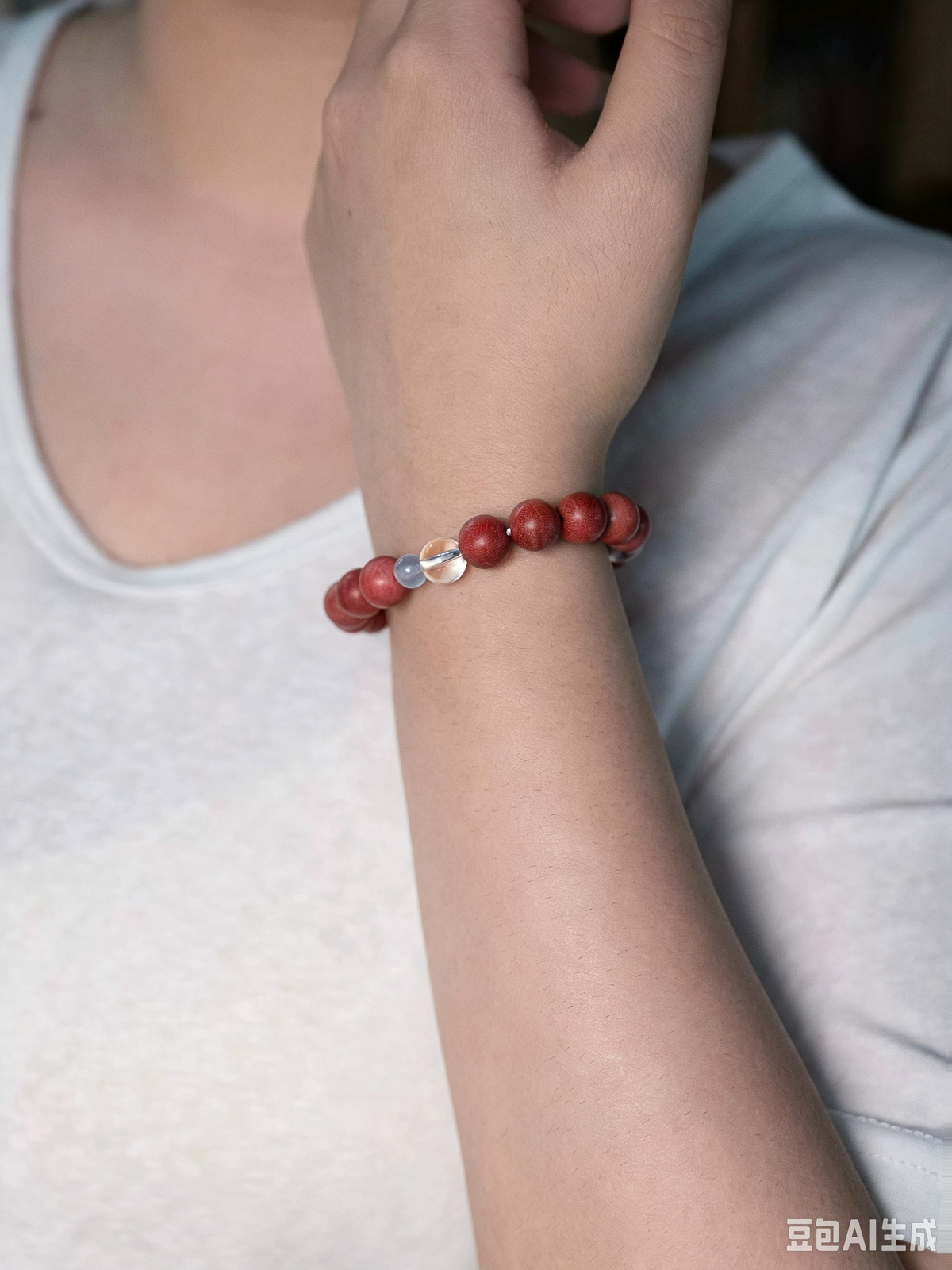 Natural White Crystal, Pink Elephant Wood & Aquamarine Bracelet