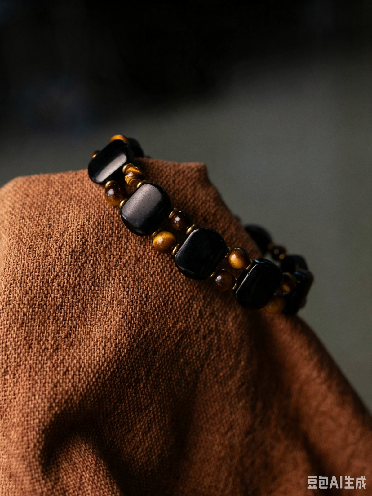 Natural Tiger's Eye & Obsidian Bracelet with Crystal