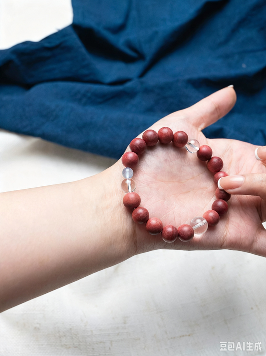 Natural White Crystal, Pink Elephant Wood & Aquamarine Bracelet