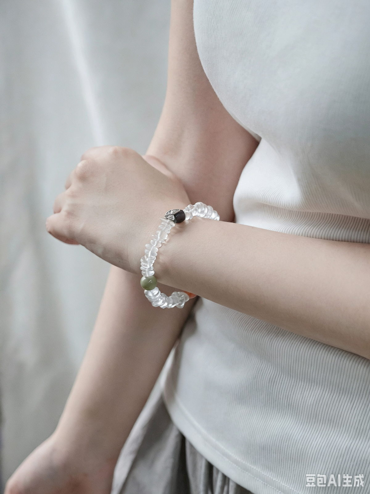 Natural White Crystal Freeform Bracelet with Silver Accents, Agate & Zhenjiang Fragrant Wood – Women's Bracelet