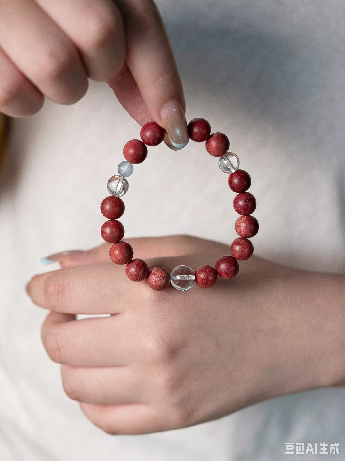 Natural White Crystal, Pink Elephant Wood & Aquamarine Bracelet