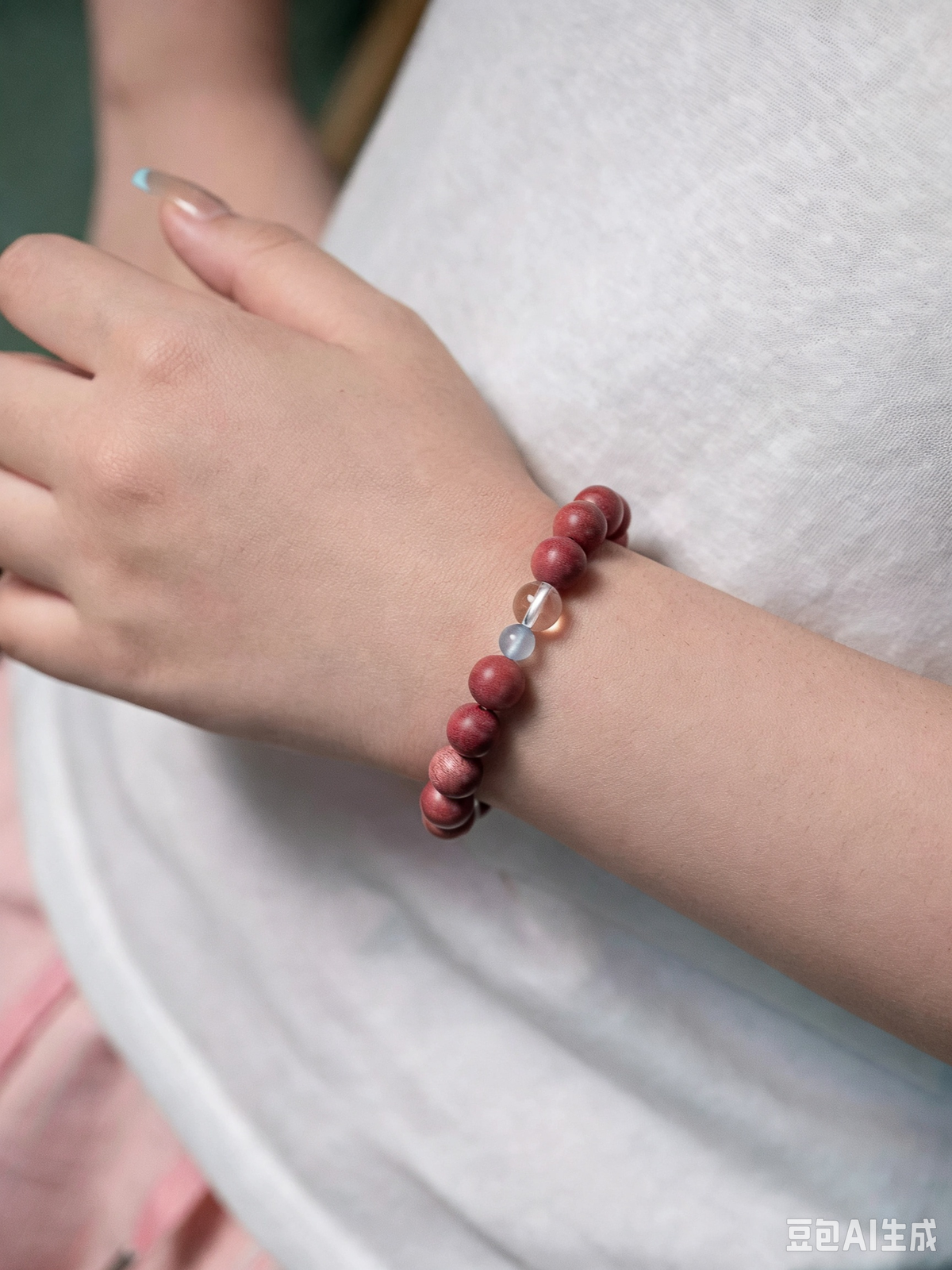 Natural White Crystal, Pink Elephant Wood & Aquamarine Bracelet