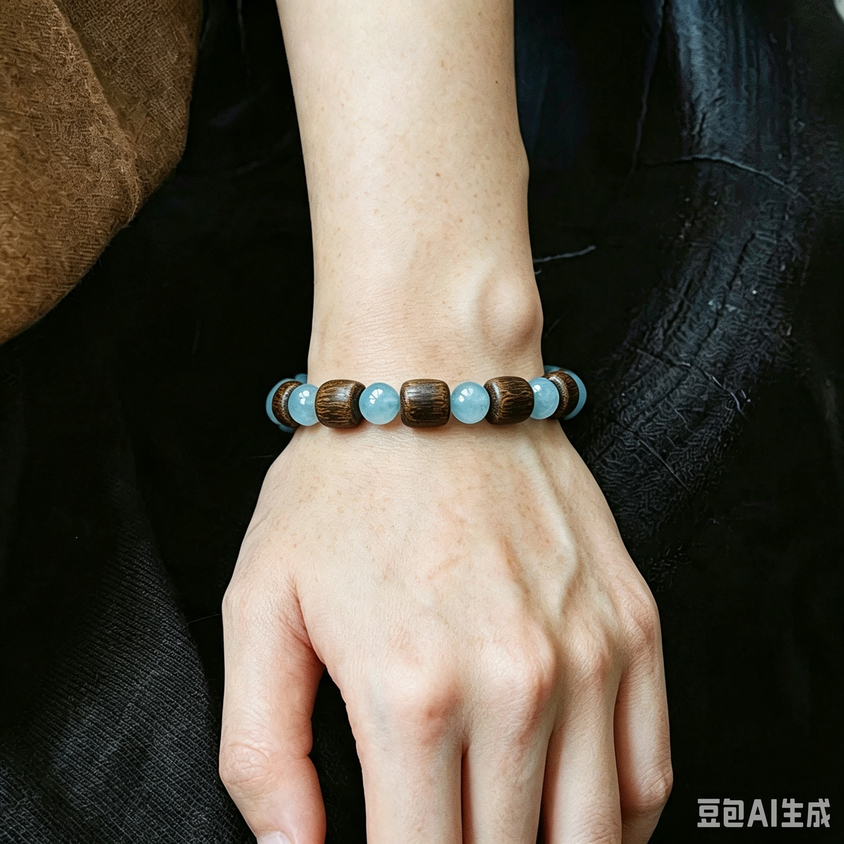 Unisex Qi-Nan Agarwood & Aquamarine Bracelet
