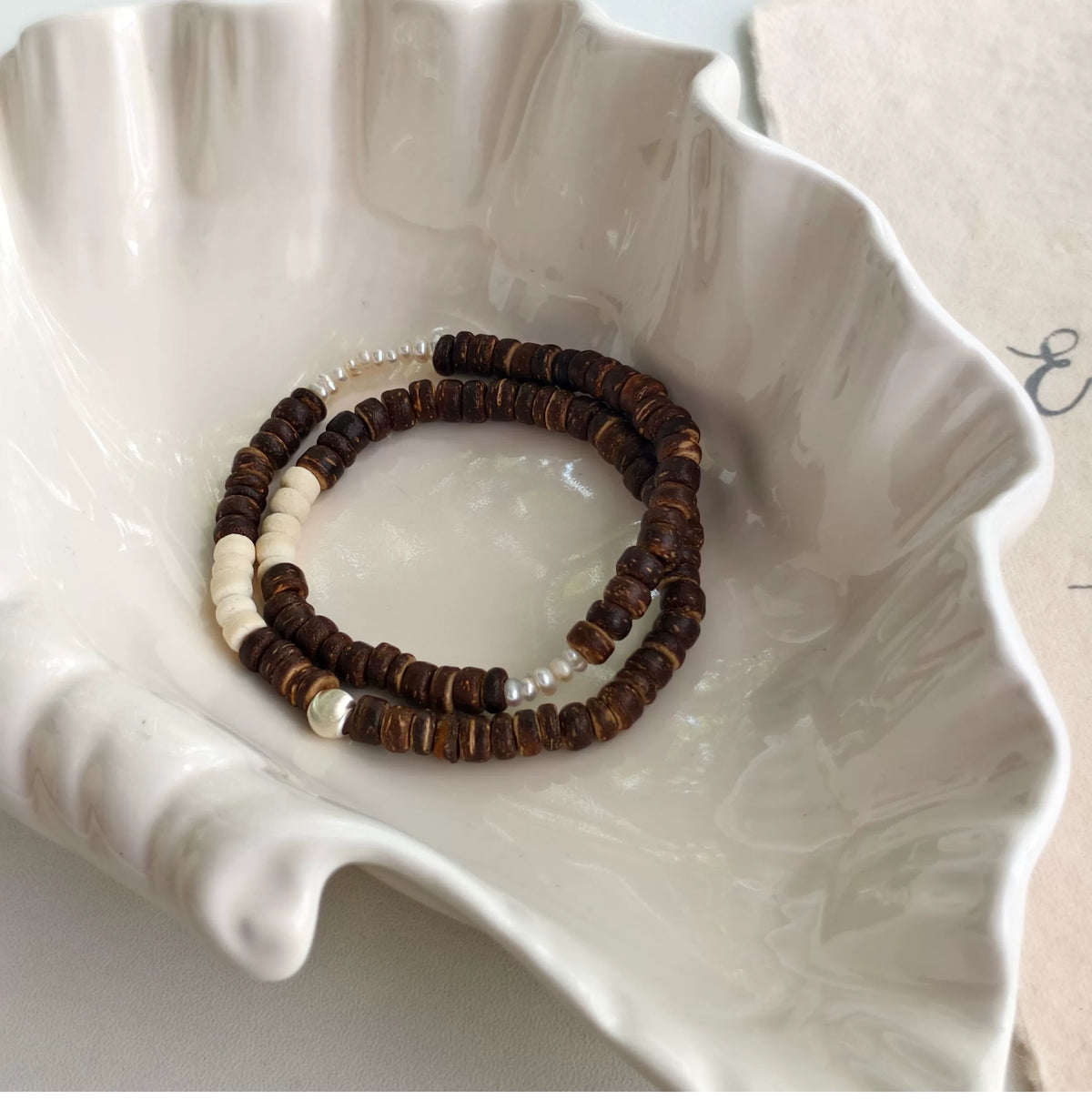 Sterling Silver Coconut Shell & Vintage Pearl Bracelet