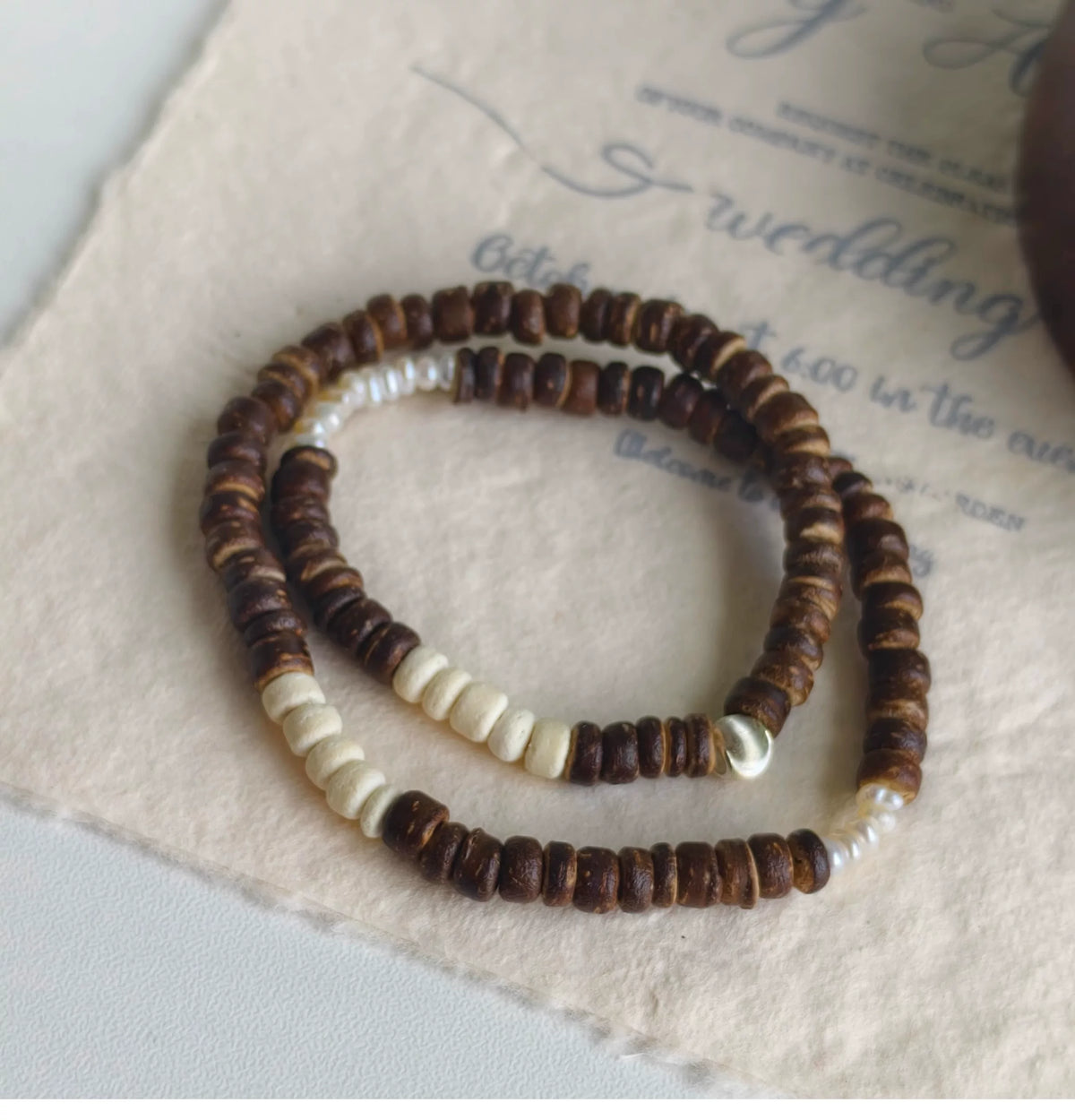 Sterling Silver Coconut Shell & Vintage Pearl Bracelet