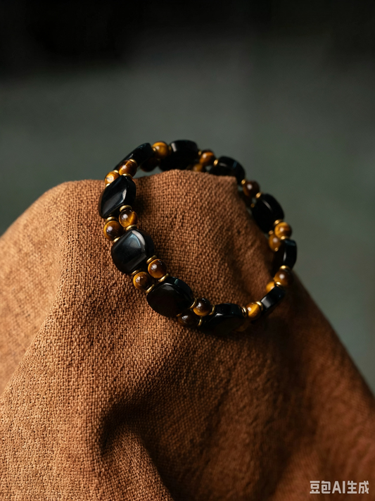 Natural Tiger's Eye & Obsidian Bracelet with Crystal