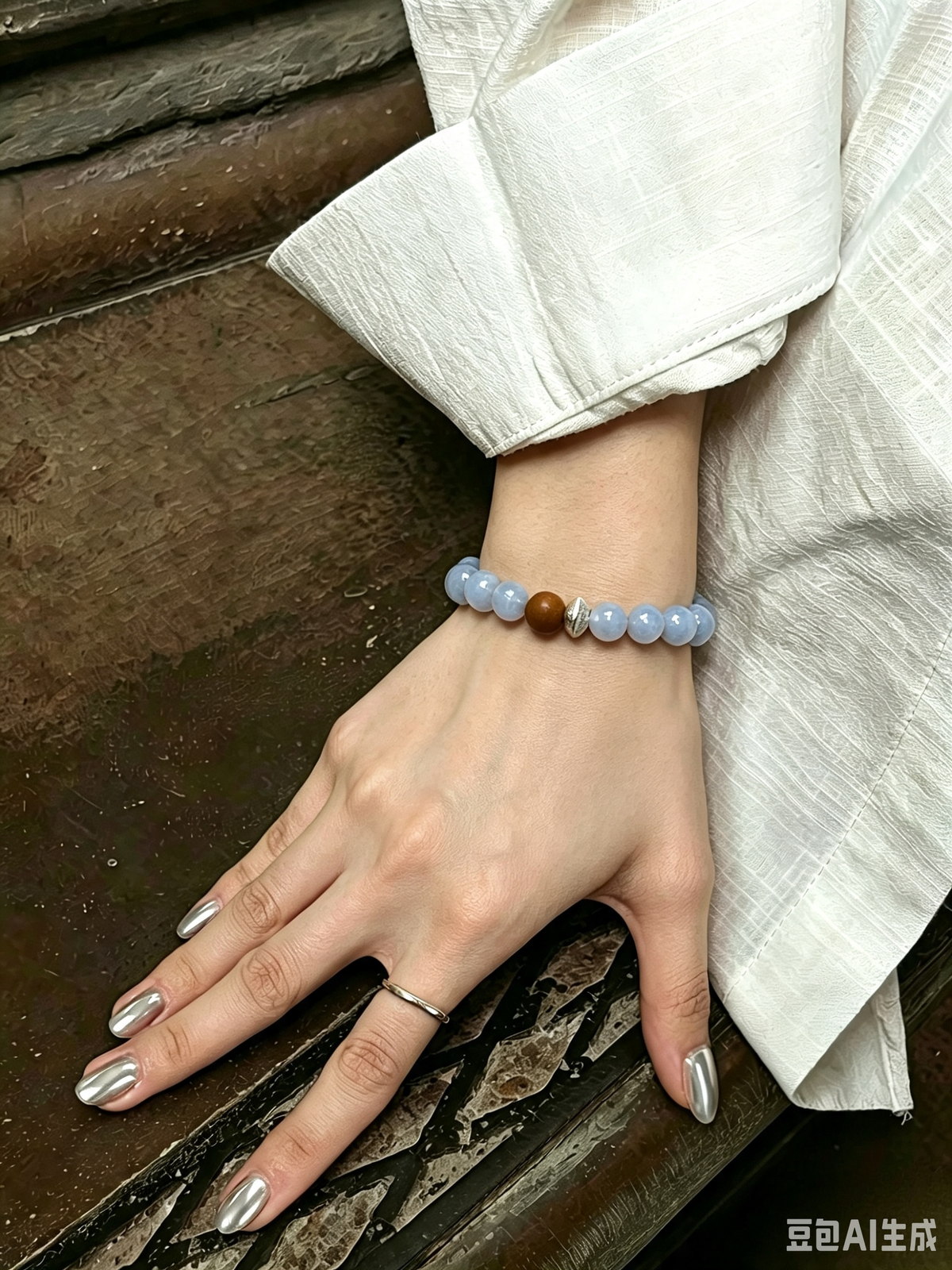 Blue Lace Agate & Mysore Sandalwood Sterling Silver Bracelet