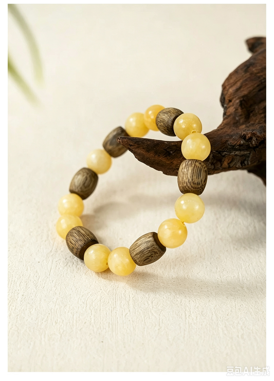 Natural Qi‑Nan Agarwood Barrel Bead Cream‑Yellow Jade Bracelet